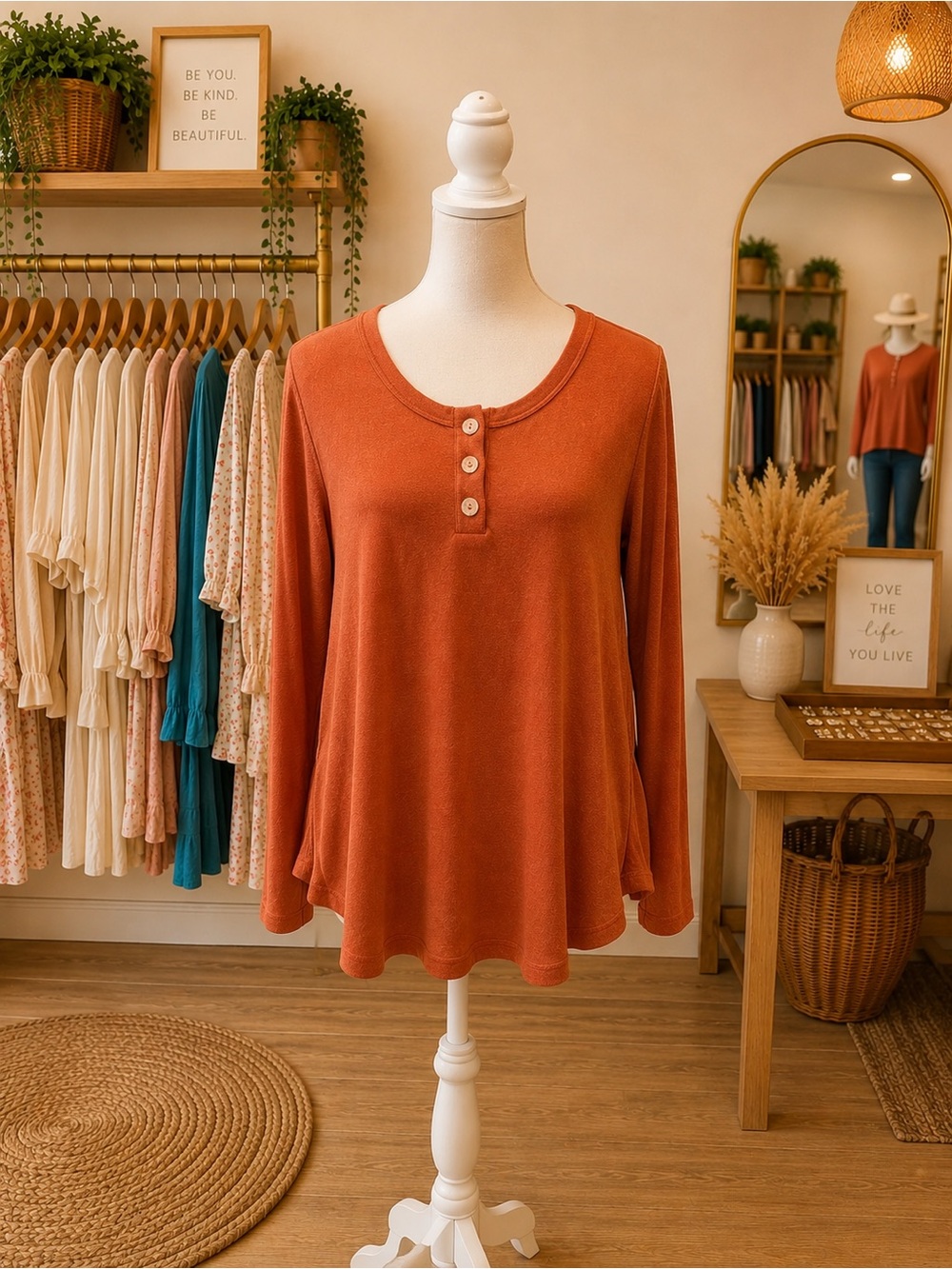White Birch Rust Henley Top Long Sleeve Soft Stretch Side Slit